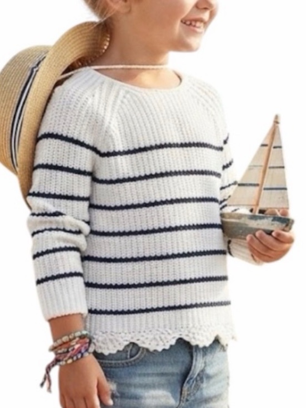 BABYGAP Breton Stripe Scalloped Crochet Knit Sweater 3Y Retro Academia Business